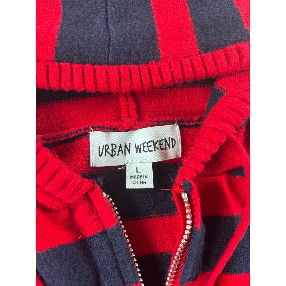 Urban Weekend Juniors Cropped Striped Knit Zip Up Jacket - Red Black - Large - Picture 2 of 5